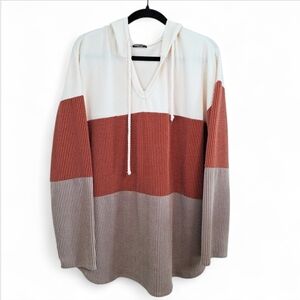 Women's Heimish Cream, Rust, & Brown Colorblock Plus Size Hooded Sweater~2XL